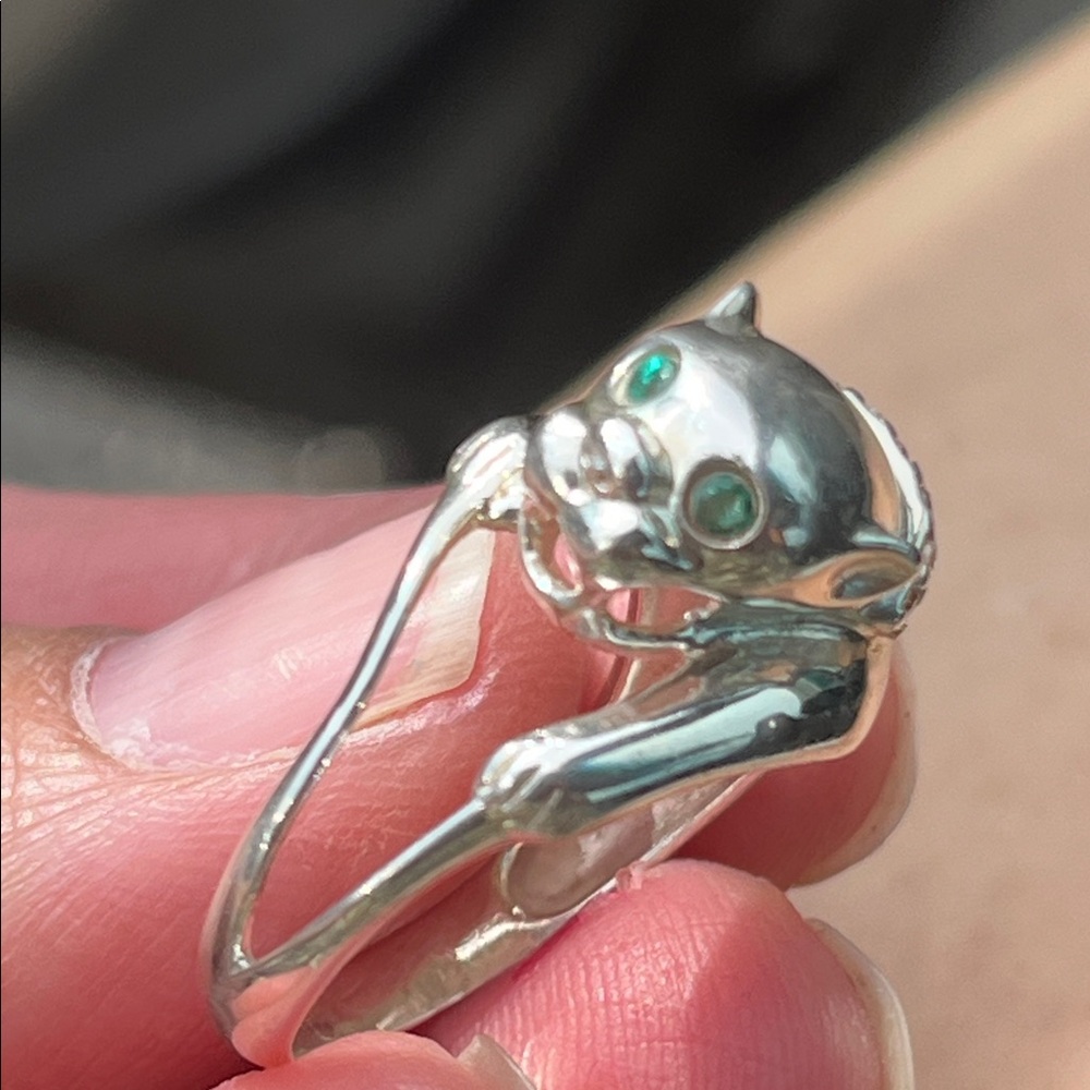 Sterling Panther wrap ring w/ Genuine Emerald eyes & Diamond collar - Picture 3 of 17